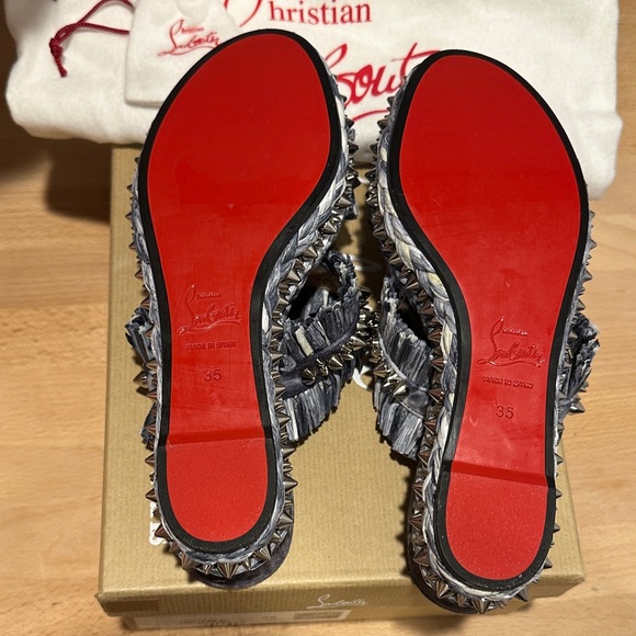 Christian Louboutin Blue Gray Fringe Studded Slide Sandals - Picture 2 of 3